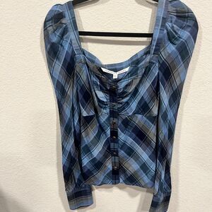 Veronica Beard Frankie Puff Sleeve Top Blue Plaid Size 4 Long Sleeve Blouse